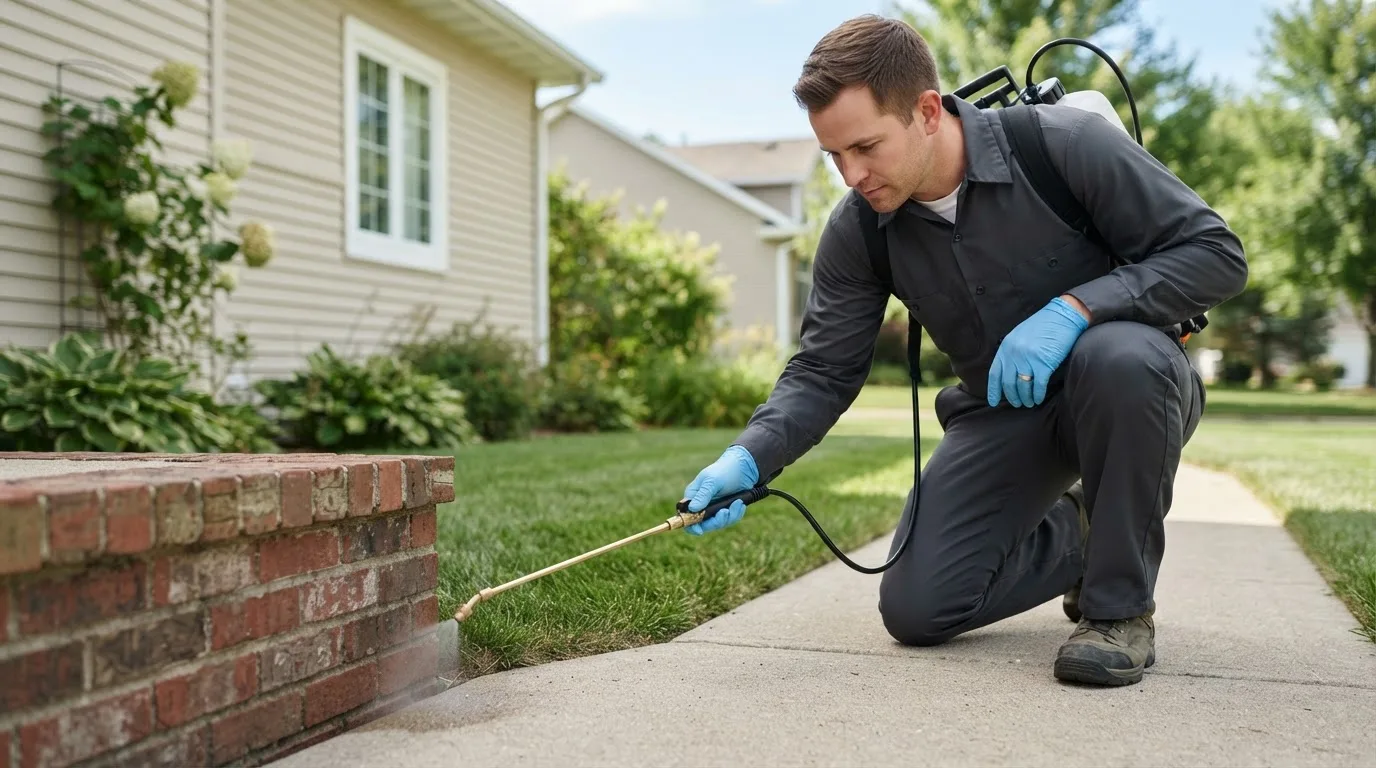 Pest control technician treating a home near Princeville, IL