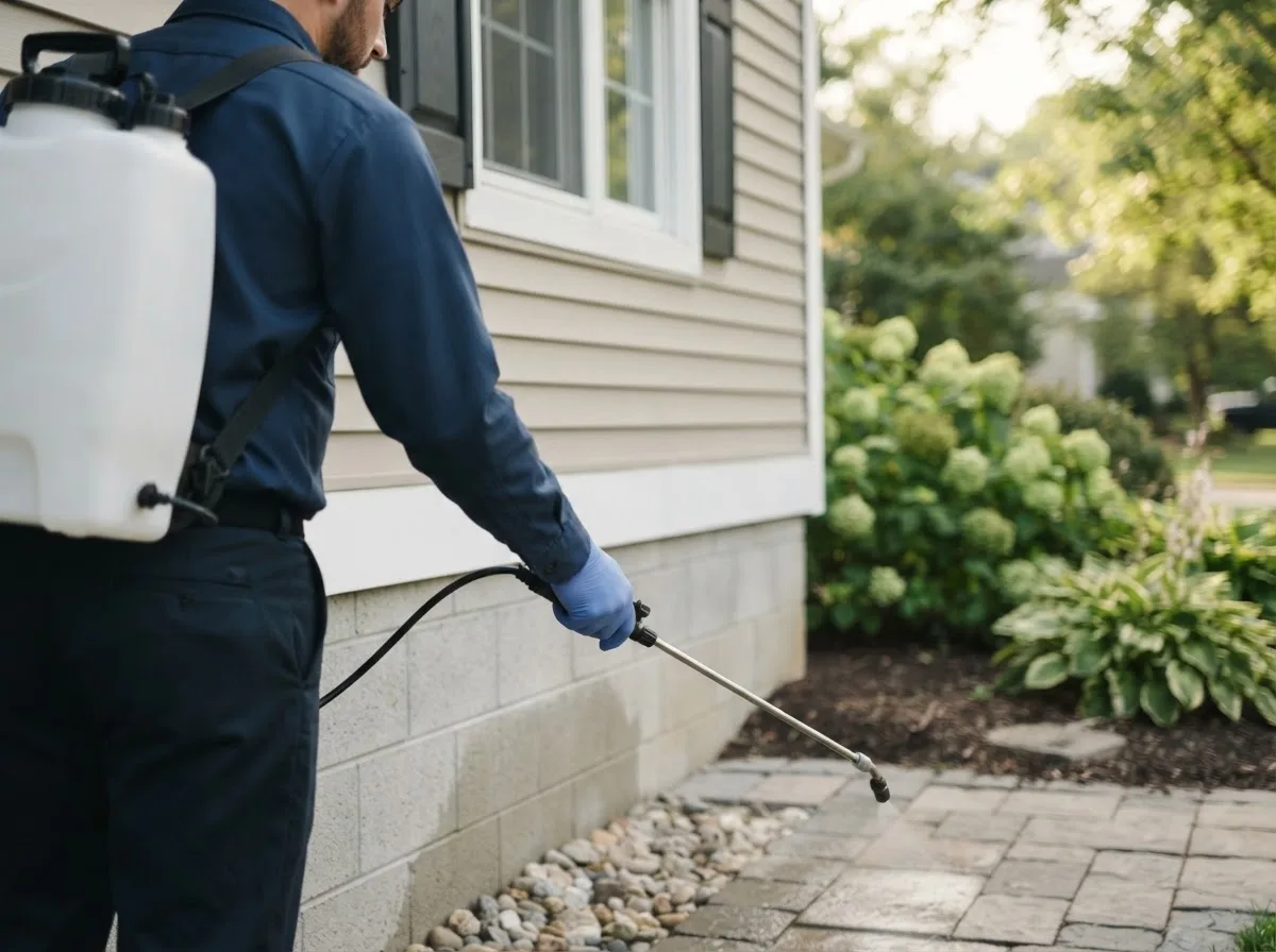 Pest control technician inspecting a home in Princeville, IL